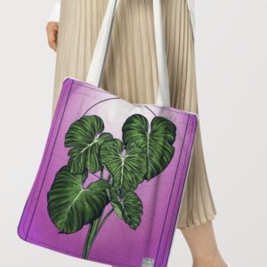 White tote bag psd mockup women’s apparel Pink philodendron vászontáska
